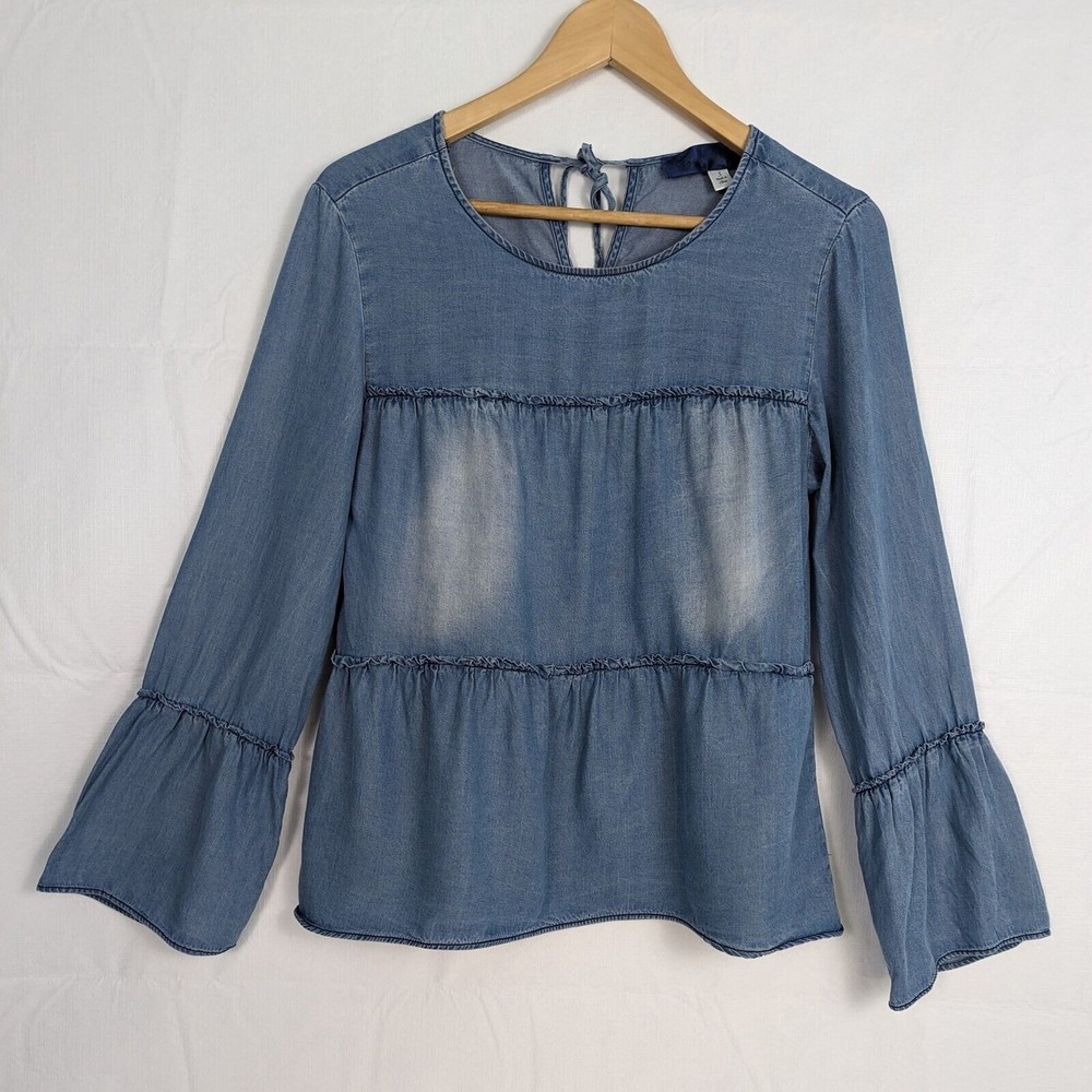 Francesca’s Blue Rain Womens Small Chambray Tiered Tunic Blouse Top - Read